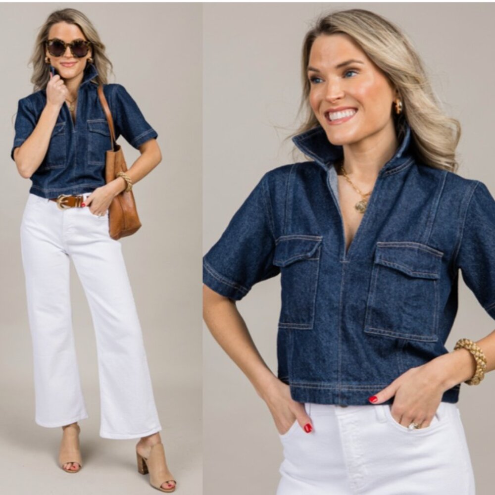 TECE Denim Short Sleeve pocket fron cropped top size L